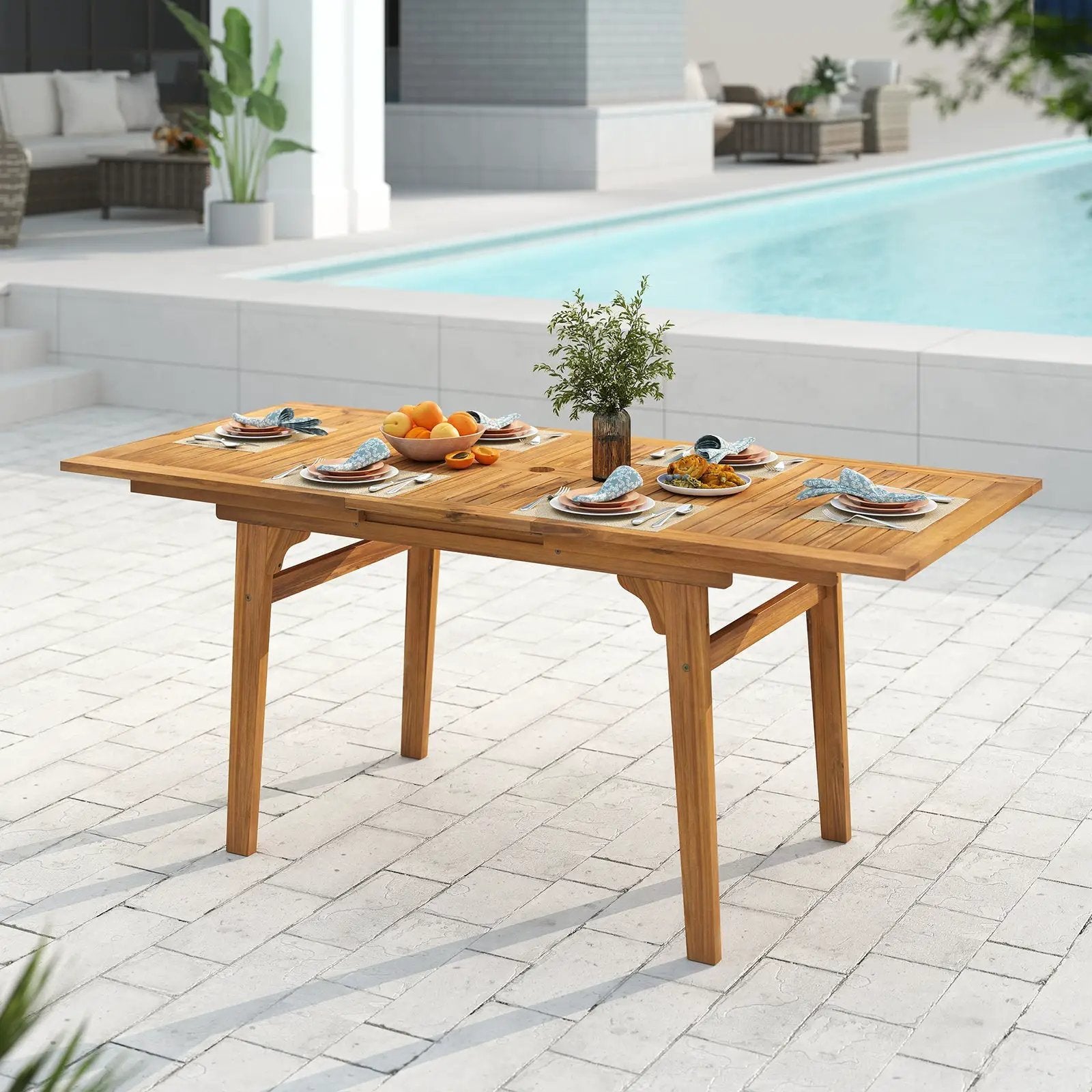 55 Inch Patio Dining Table Expandable for 6-8 People with Umbrella Hole by DirectDeals