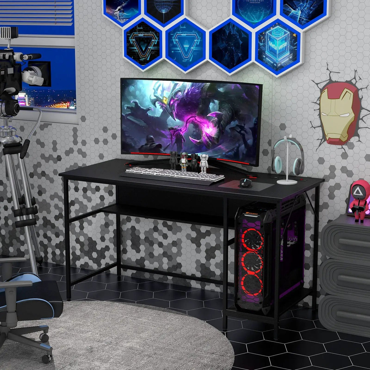 55 Inch Computer Desk with 4 Power Outlets and CPU Stand, photo 5 of 16