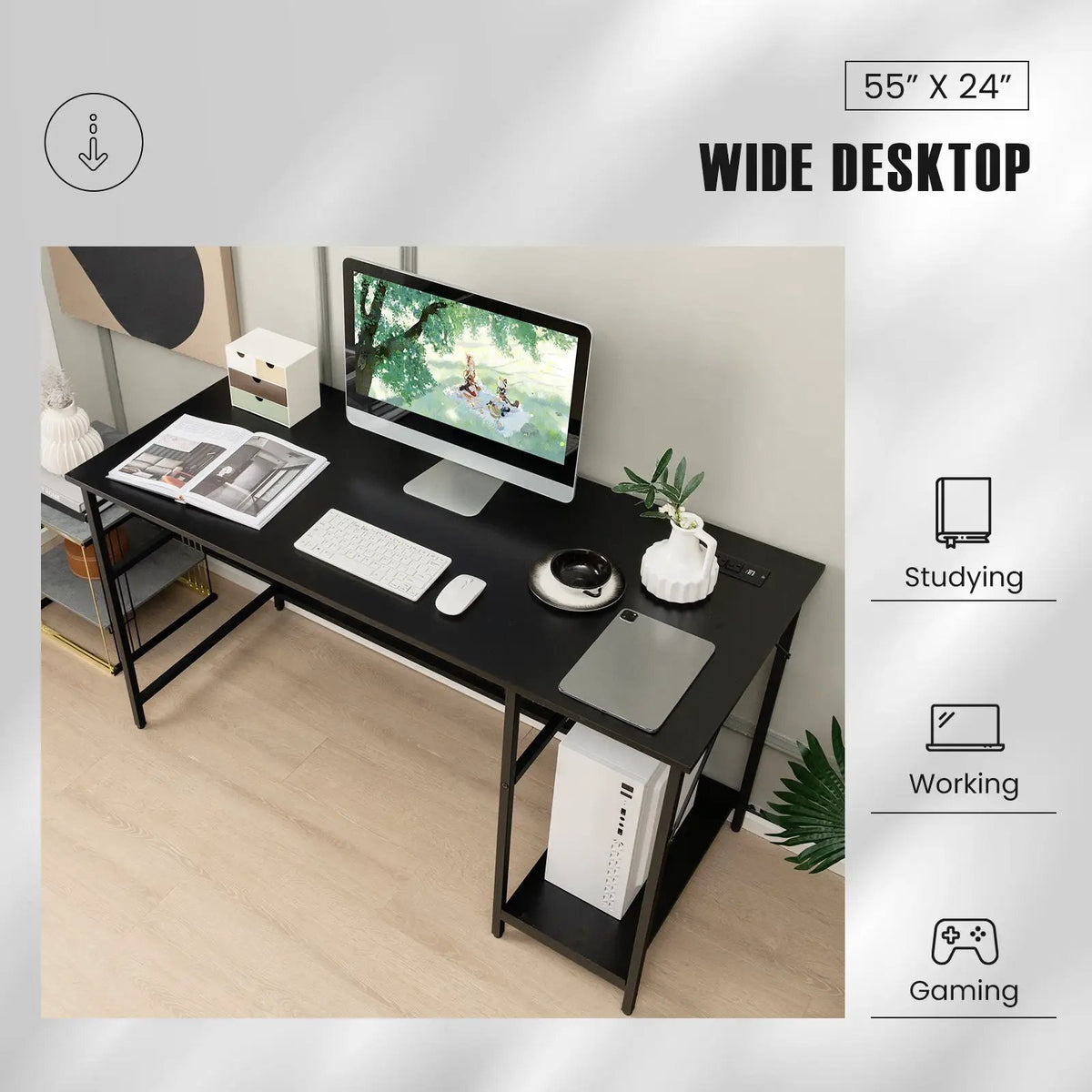 55 Inch Computer Desk with 4 Power Outlets and CPU Stand, photo 3 of 16