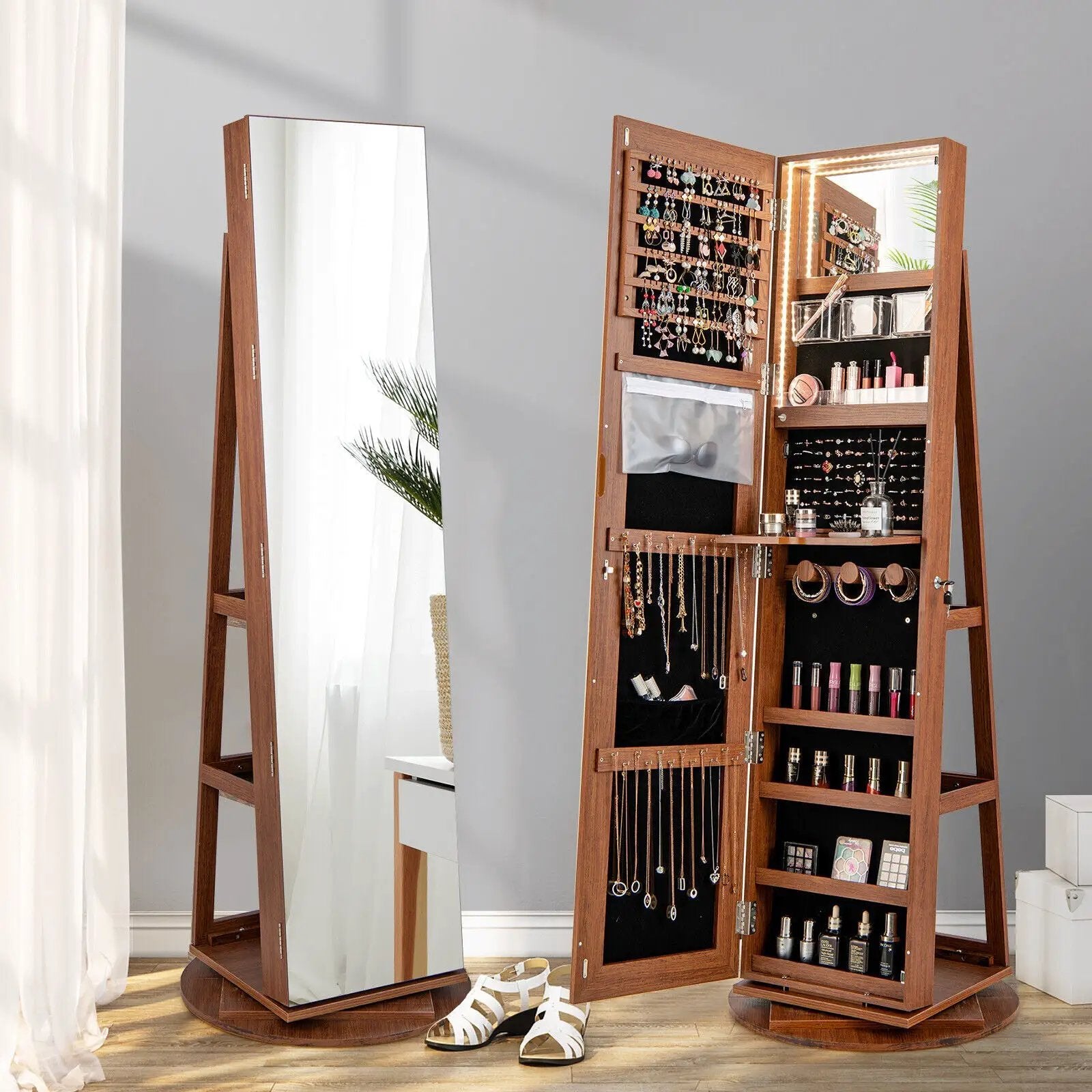 360° Rotating Mirrored Jewelry Cabinet Armoire 3 Color LED Modes Lockable by DirectDeals