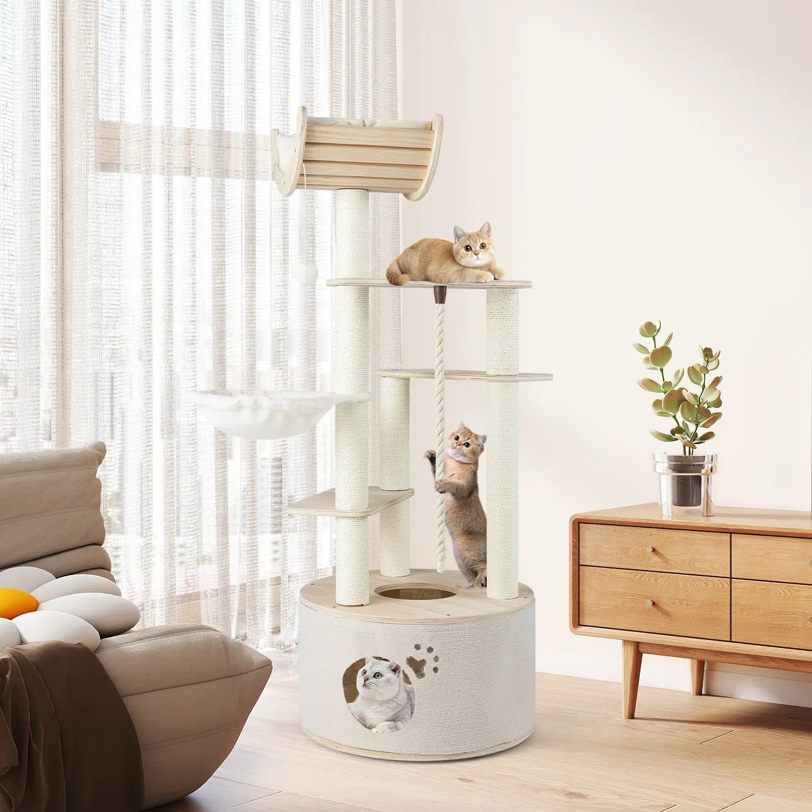 55.5 Inches Tall Wooden Cat Tree with Washable Plush Cushions for Indoor Cats by DirectDeals