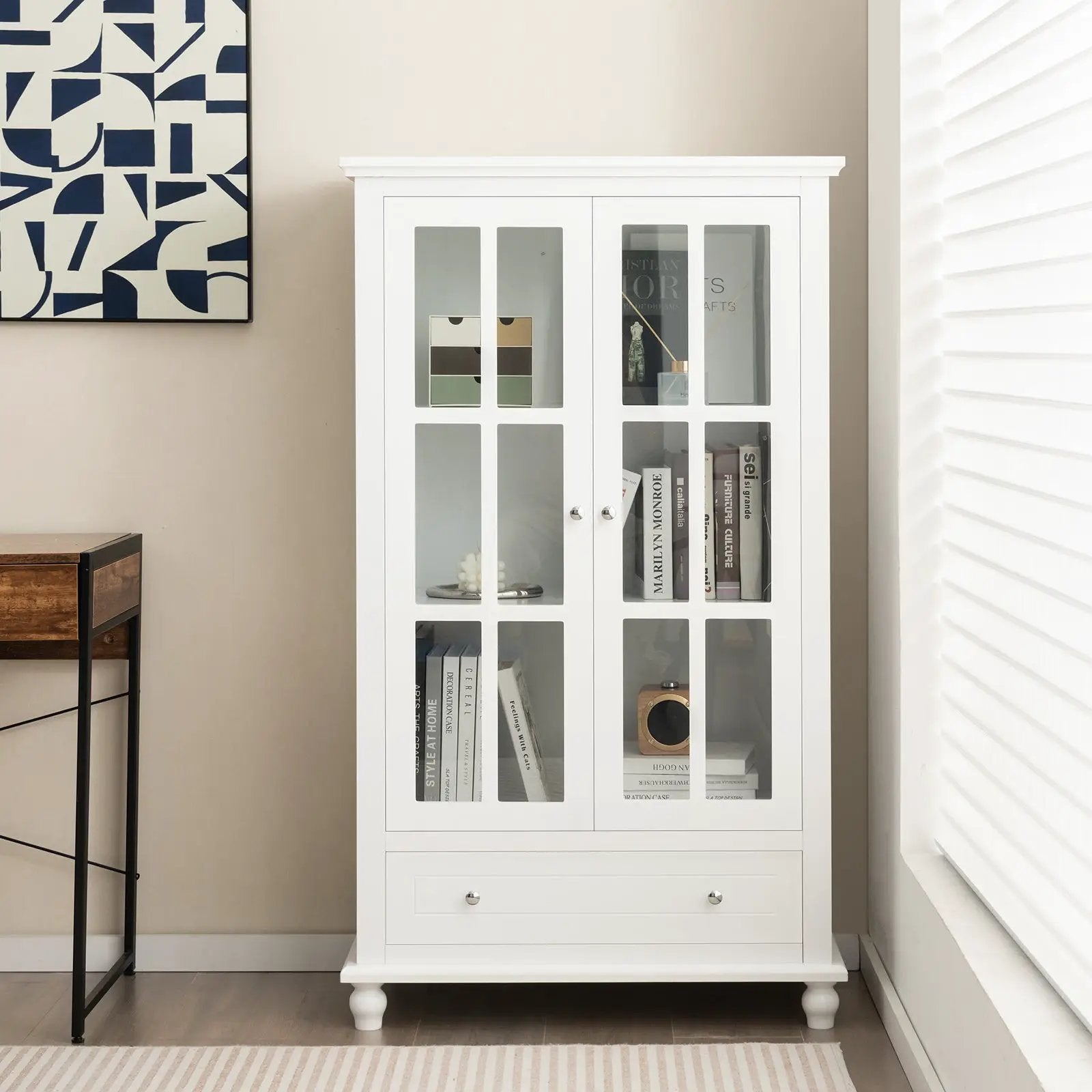 55 Inch Bookcase Cabinet with Tempered Glass Doors-White by DirectDeals