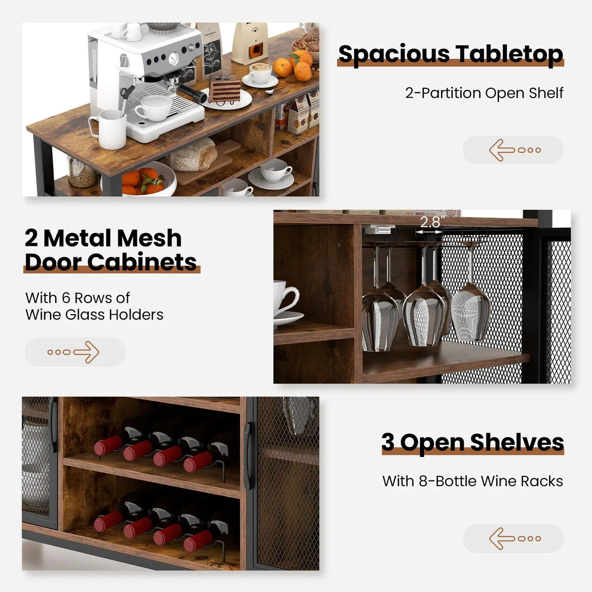 55-Inch Buffet Sideboard with 8-Bottle Wine Racks and Wine Glass Holders, photo 6 of 9