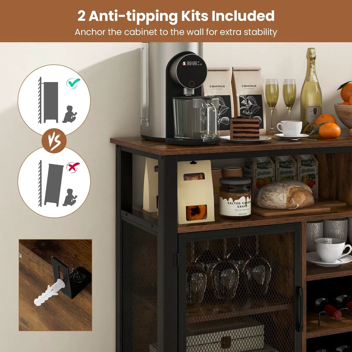 55-Inch Buffet Sideboard with 8-Bottle Wine Racks and Wine Glass Holders, photo 7 of 9