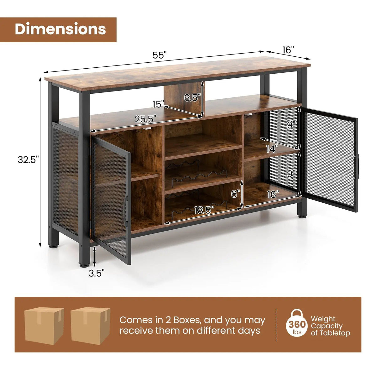 55-Inch Buffet Sideboard with 8-Bottle Wine Racks and Wine Glass Holders, photo 5 of 9