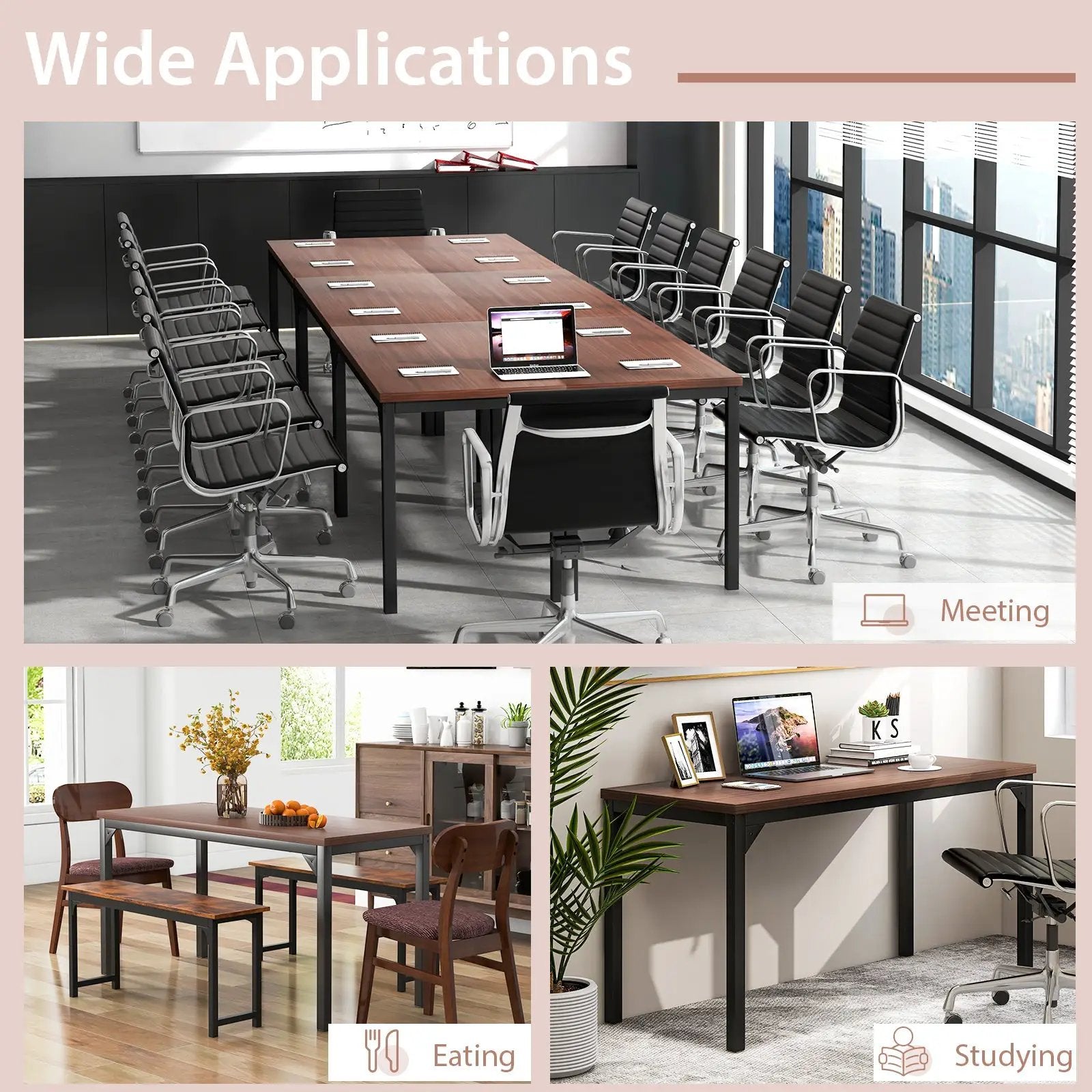 55 Inch Conference Table with Heavy-duty Metal Frame-Brown by DirectDeals