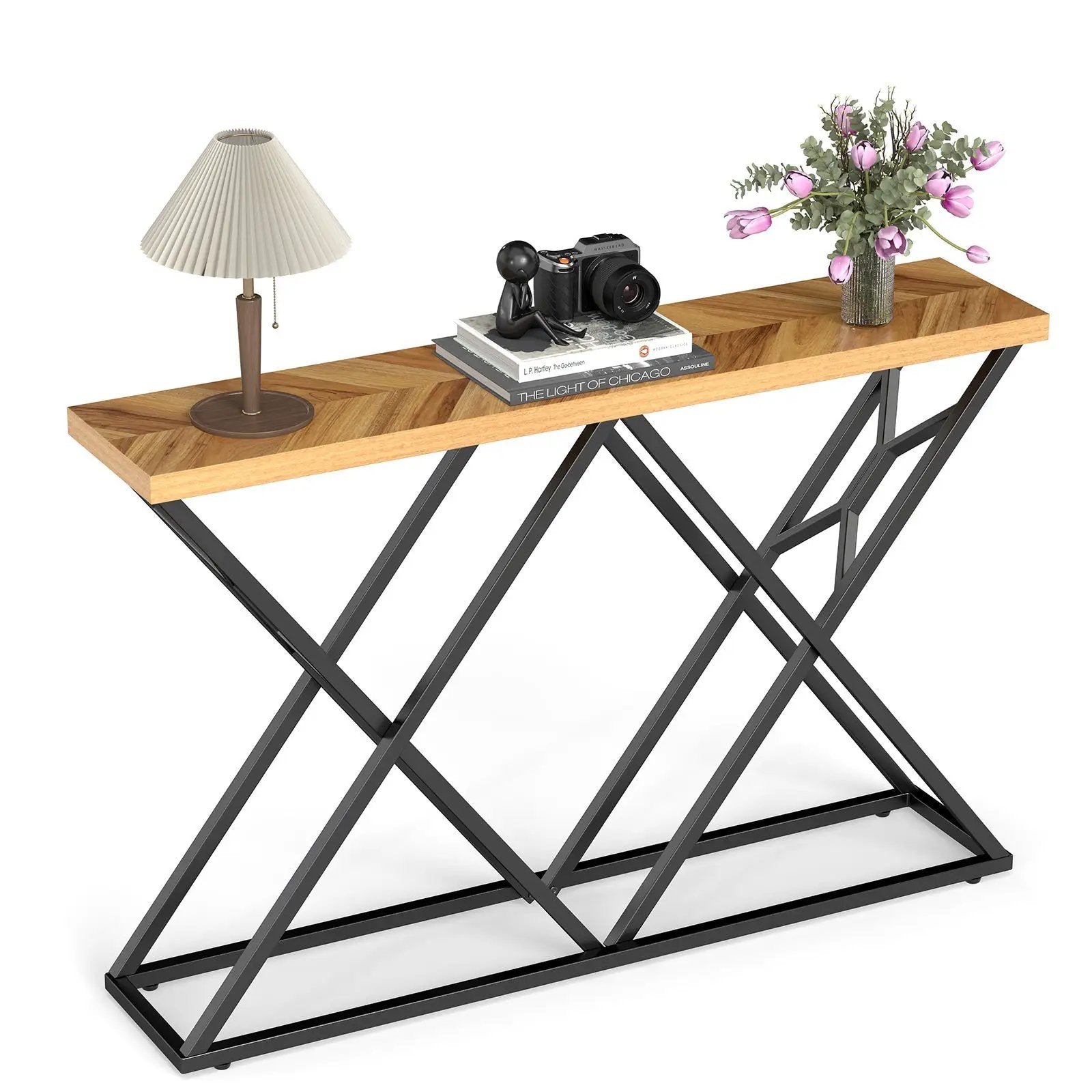 55 Inch Console Table with Solid Metal Frame and Storage-Wood by DirectDeals