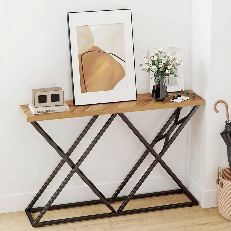 55 Inch Console Table with Solid Metal Frame and Storage-Wood by DirectDeals