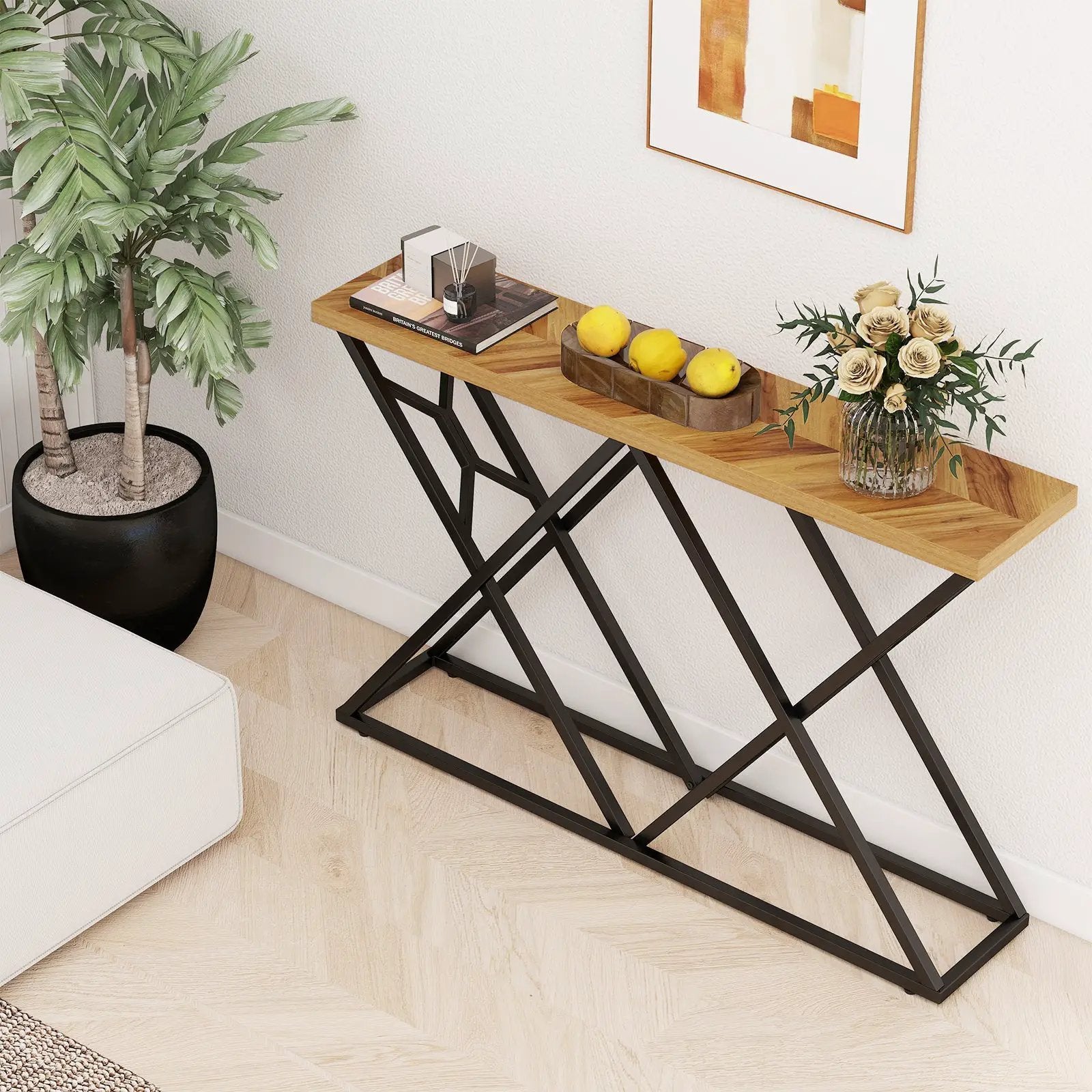 55 Inch Console Table with Solid Metal Frame and Storage-Wood by DirectDeals