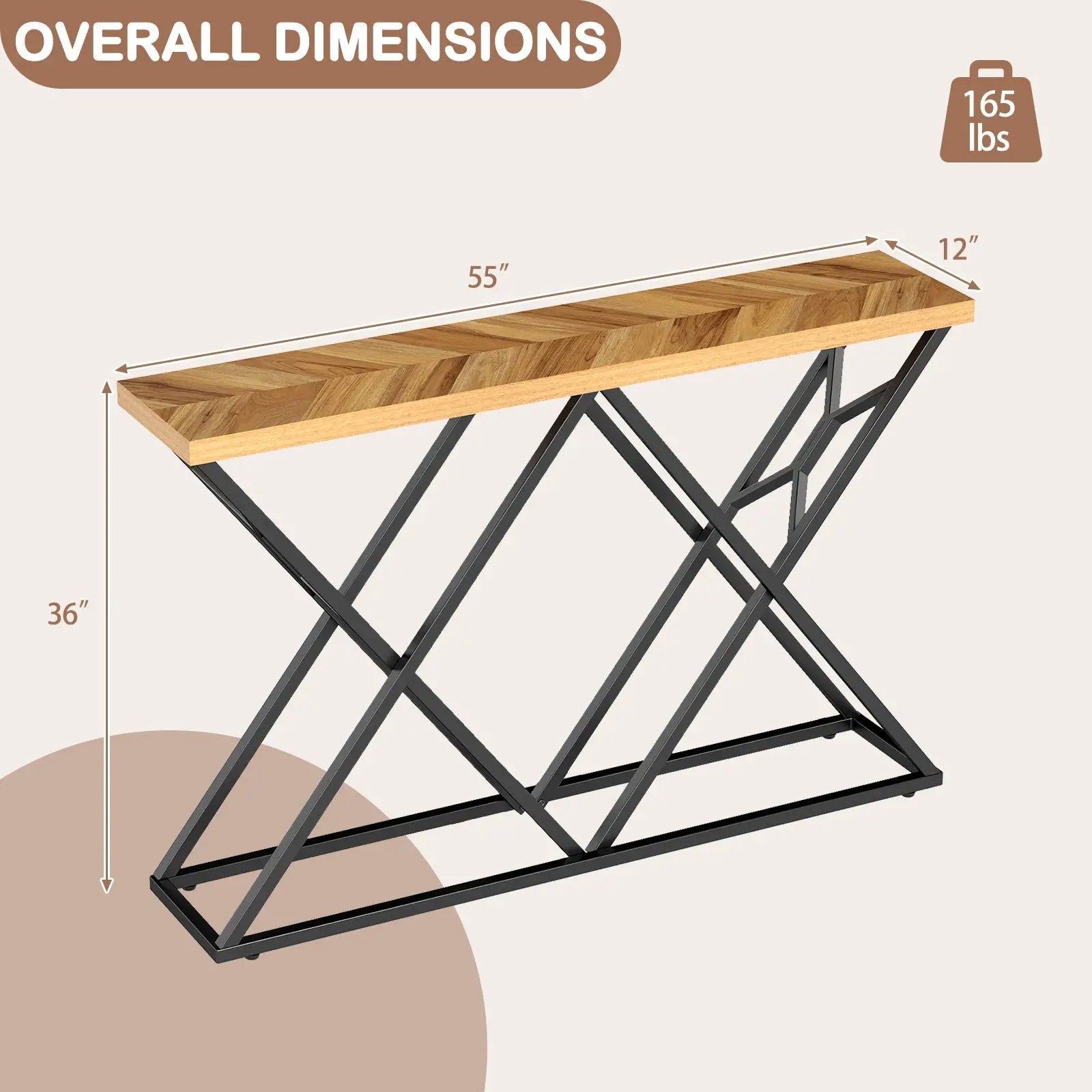 55 Inch Console Table with Solid Metal Frame and Storage-Wood by DirectDeals