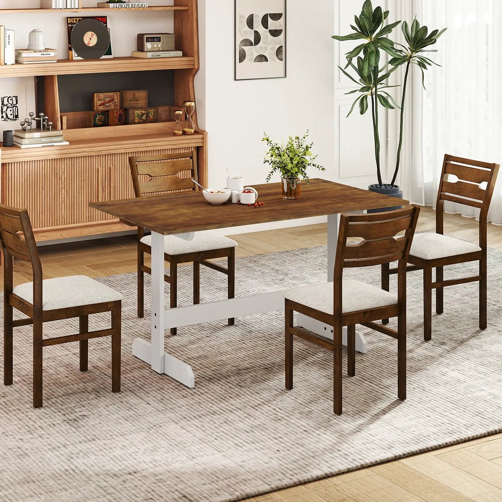 55 Inch Dining Table for 4-6 People Rectangular Kitchen Table with Solid Wood Trestle Base-Walnut by DirectDeals