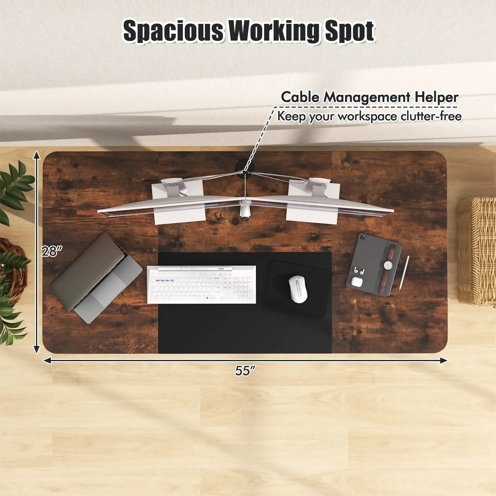 55 Inch Electric Standing Desk Adjustable with Cable Management Hole-Brown by DirectDeals