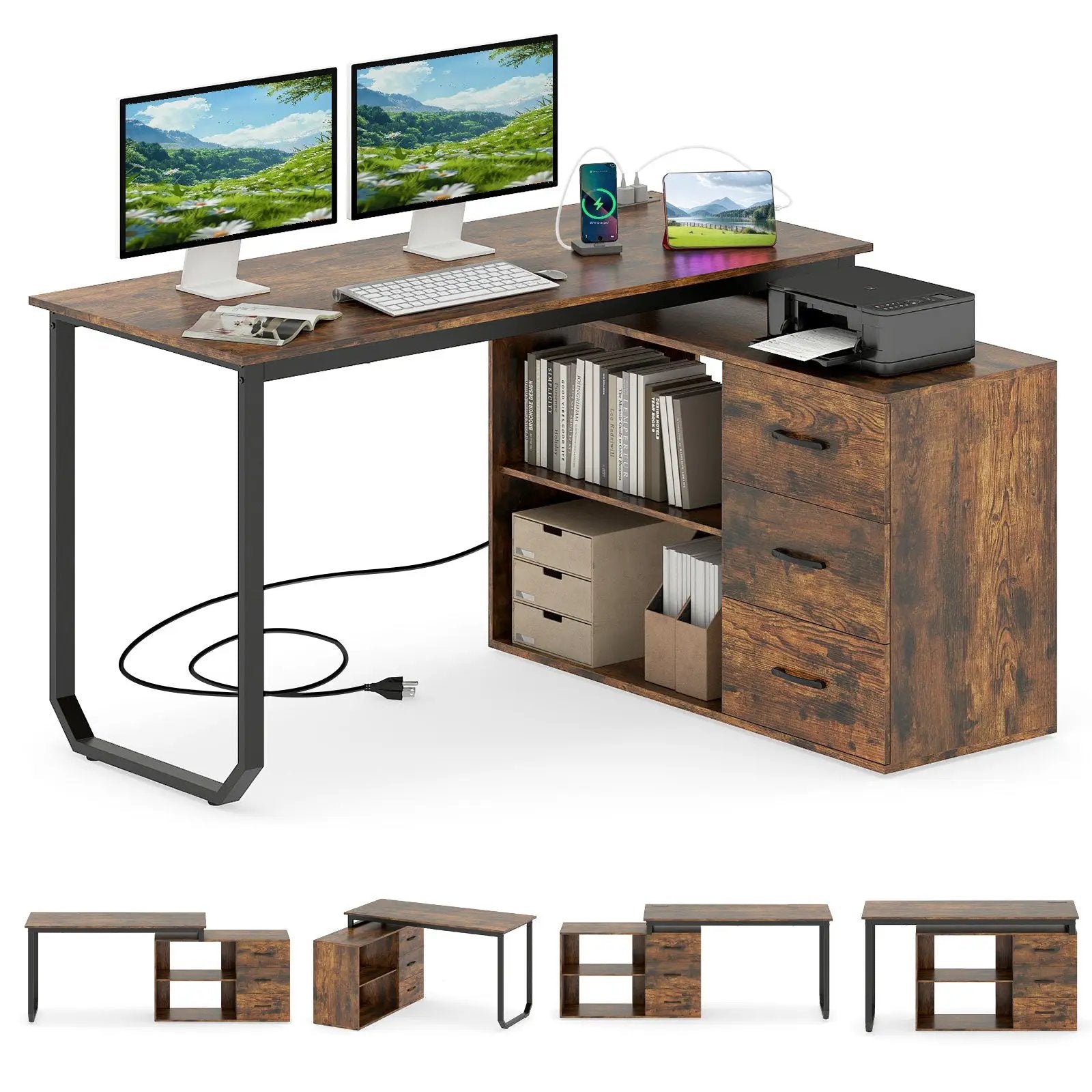55 Inch Reversible L Shaped Desk with 3 Drawers Home Office Desk with Adjustable Shelf by DirectDeals