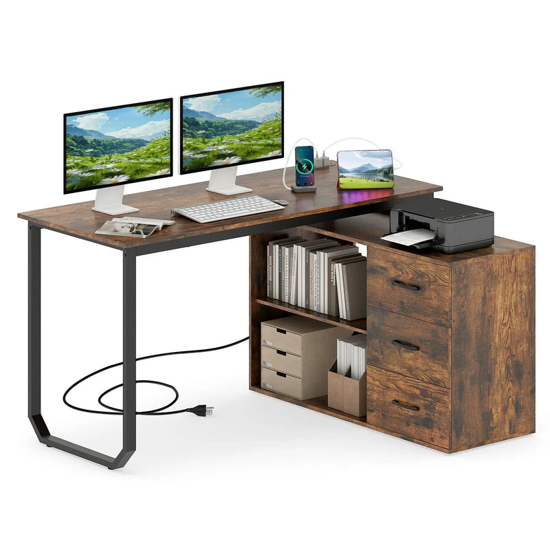 55 Inch Reversible L Shaped Desk with 3 Drawers Home Office Desk with Adjustable Shelf by DirectDeals