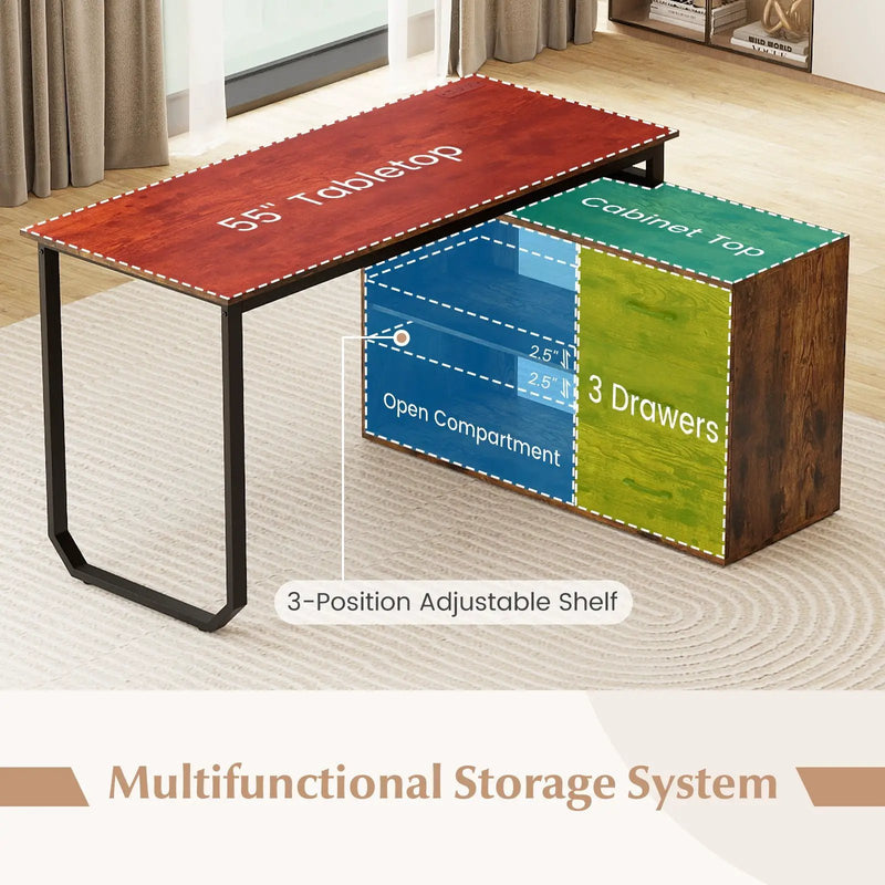 55 Inch Reversible L Shaped Desk with 3 Drawers Home Office Desk with Adjustable Shelf by DirectDeals