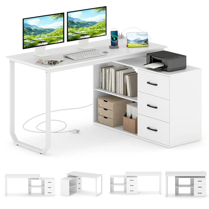 55 Inch Reversible L Shaped Desk with 3 Drawers Home Office Desk with Adjustable Shelf by DirectDeals