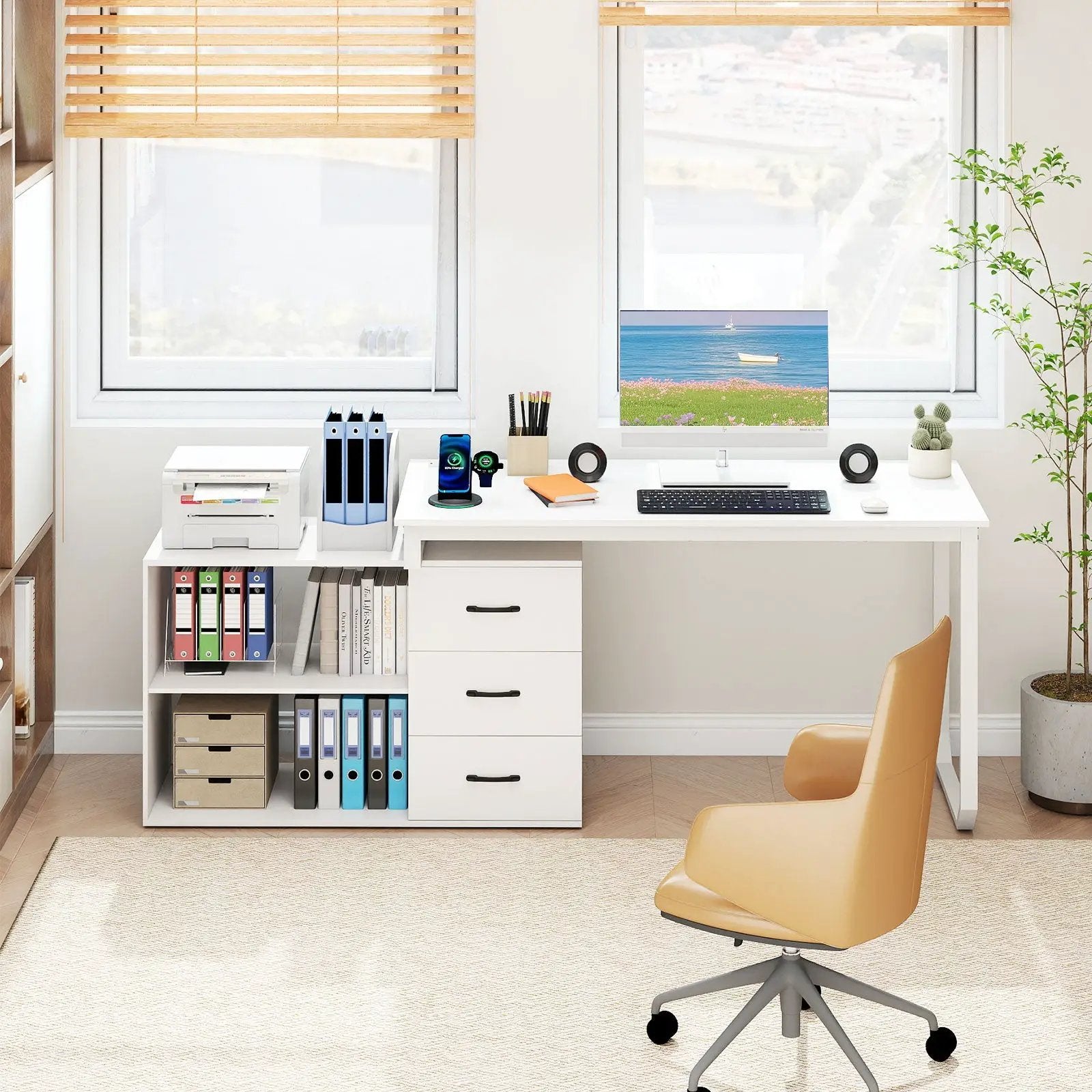 55 Inch Reversible L Shaped Desk with 3 Drawers Home Office Desk with Adjustable Shelf by DirectDeals
