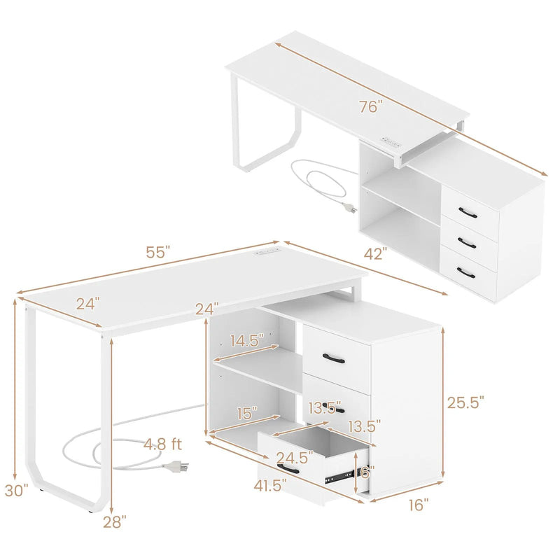 55 Inch Reversible L Shaped Desk with 3 Drawers Home Office Desk with Adjustable Shelf by DirectDeals