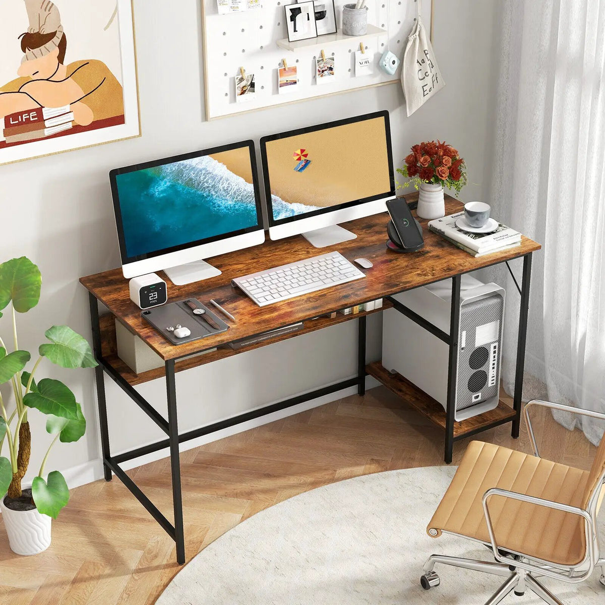 55 Inch Computer Desk with 4 Power Outlets and CPU Stand