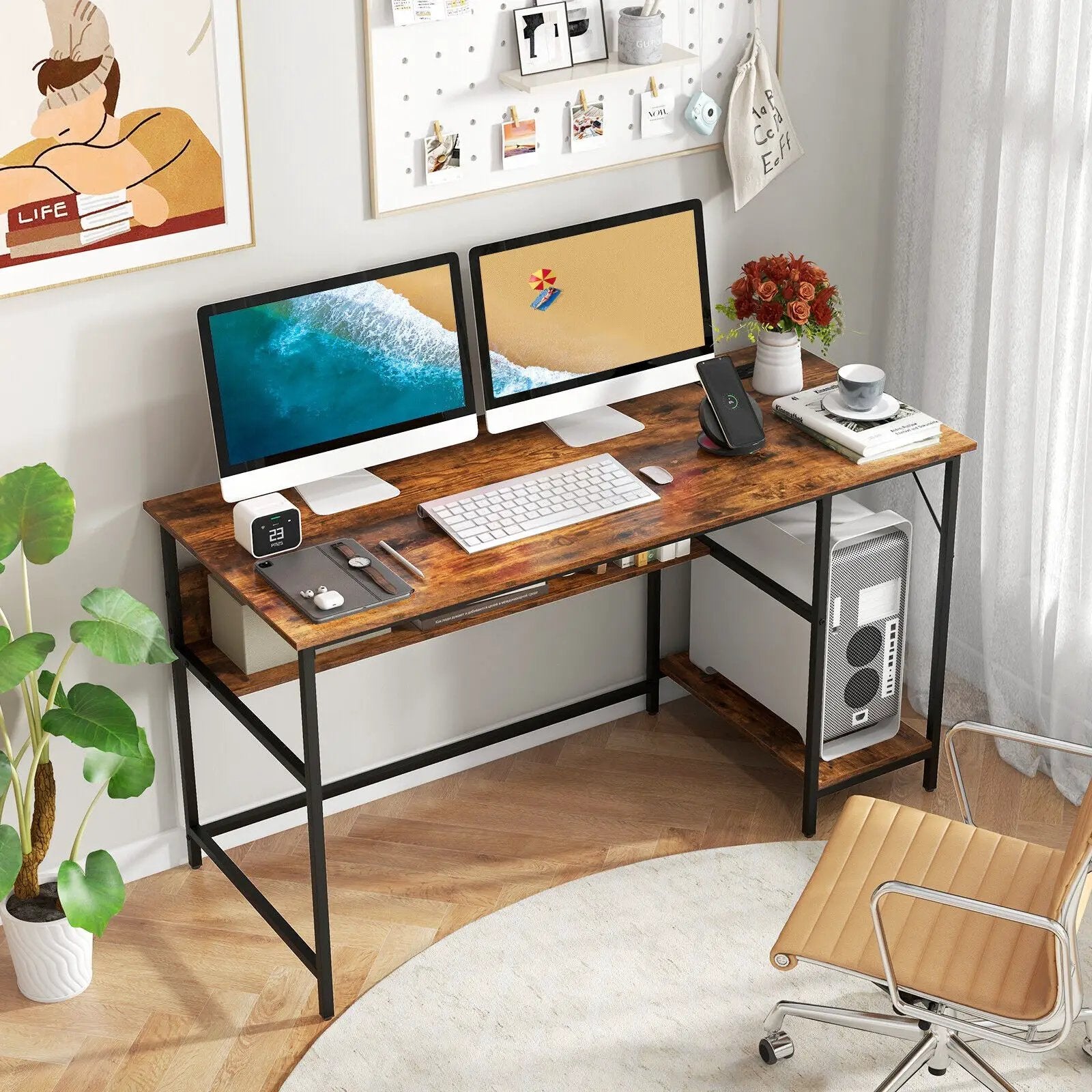 55 Inch Computer Desk with 4 Power Outlets and CPU Stand by DirectDeals