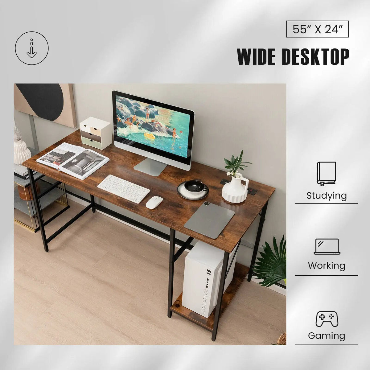 55 Inch Computer Desk with 4 Power Outlets and CPU Stand, photo 2 of 16