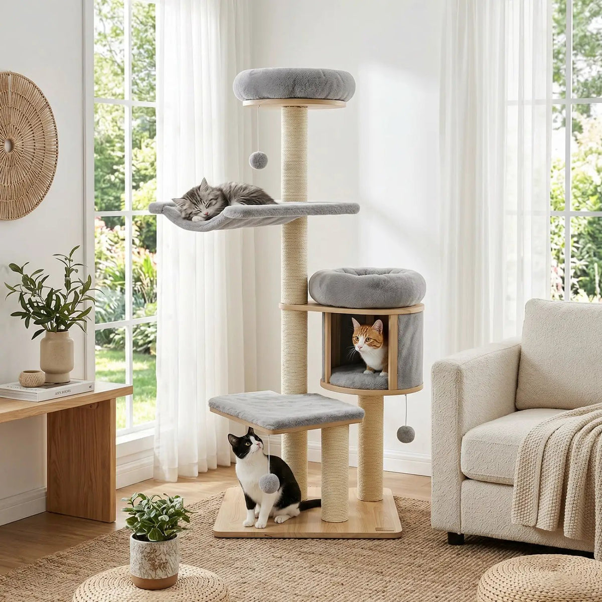 55" Solid Rubber Wood Cat Tree with Condo & Hammock by DirectDeals