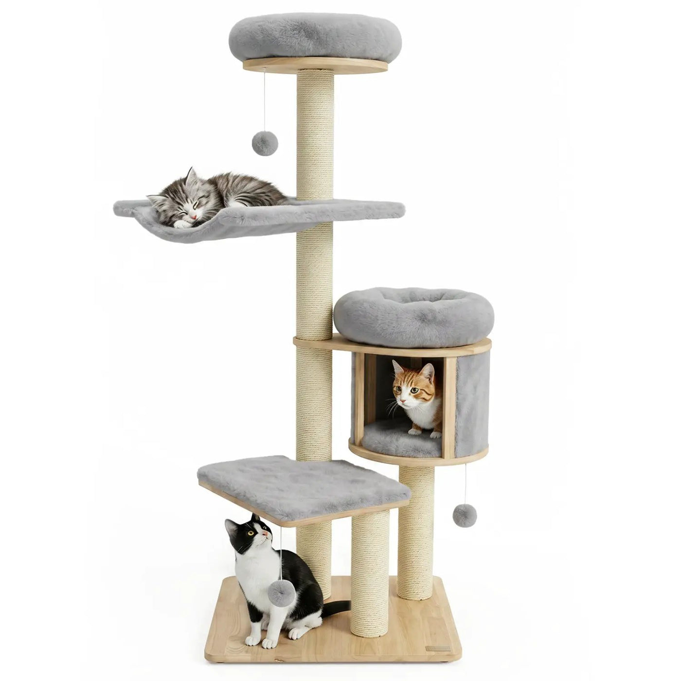 55" Solid Rubber Wood Cat Tree with Condo & Hammock by DirectDeals