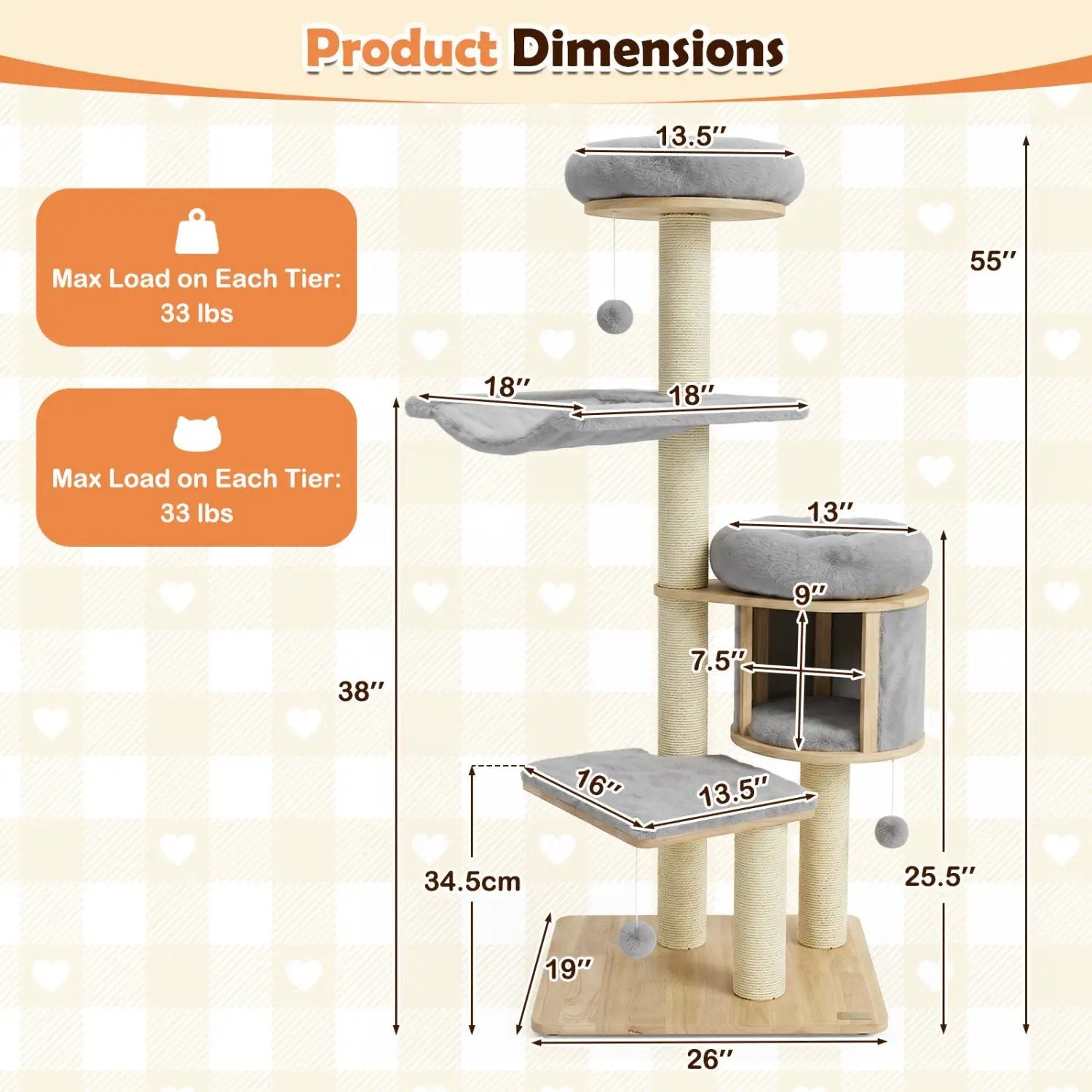55" Solid Rubber Wood Cat Tree with Condo & Hammock by DirectDeals