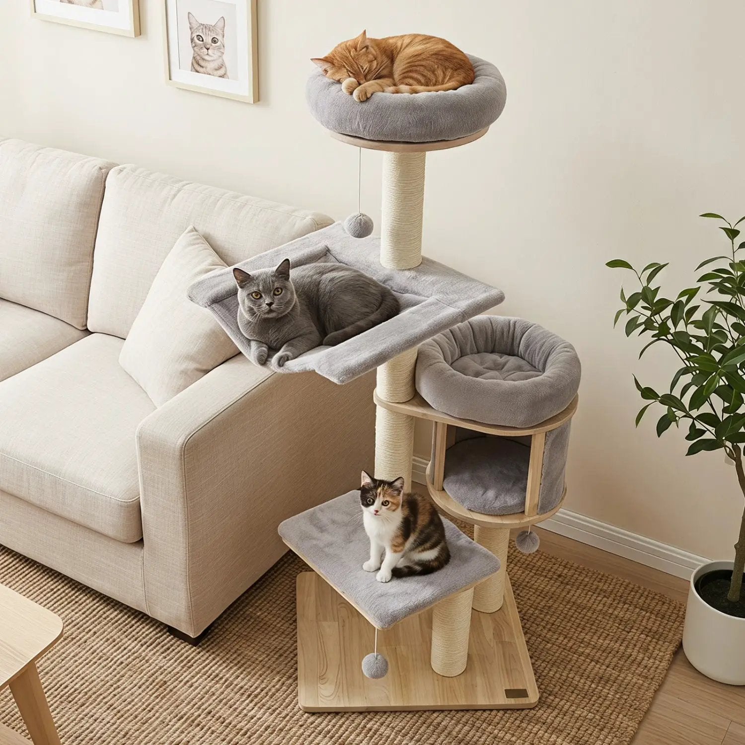 55" Solid Rubber Wood Cat Tree with Condo & Hammock by DirectDeals