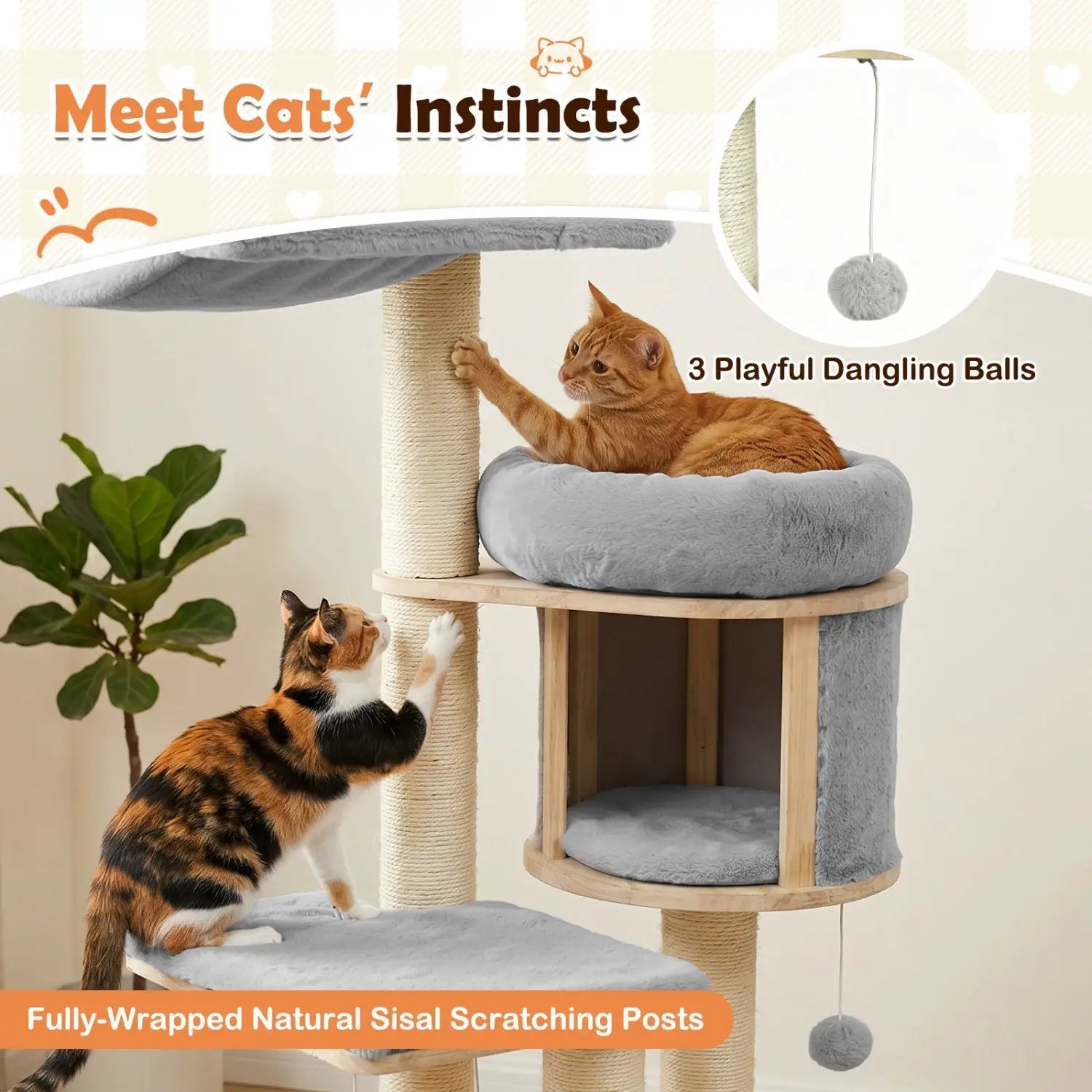 55" Solid Rubber Wood Cat Tree with Condo & Hammock by DirectDeals