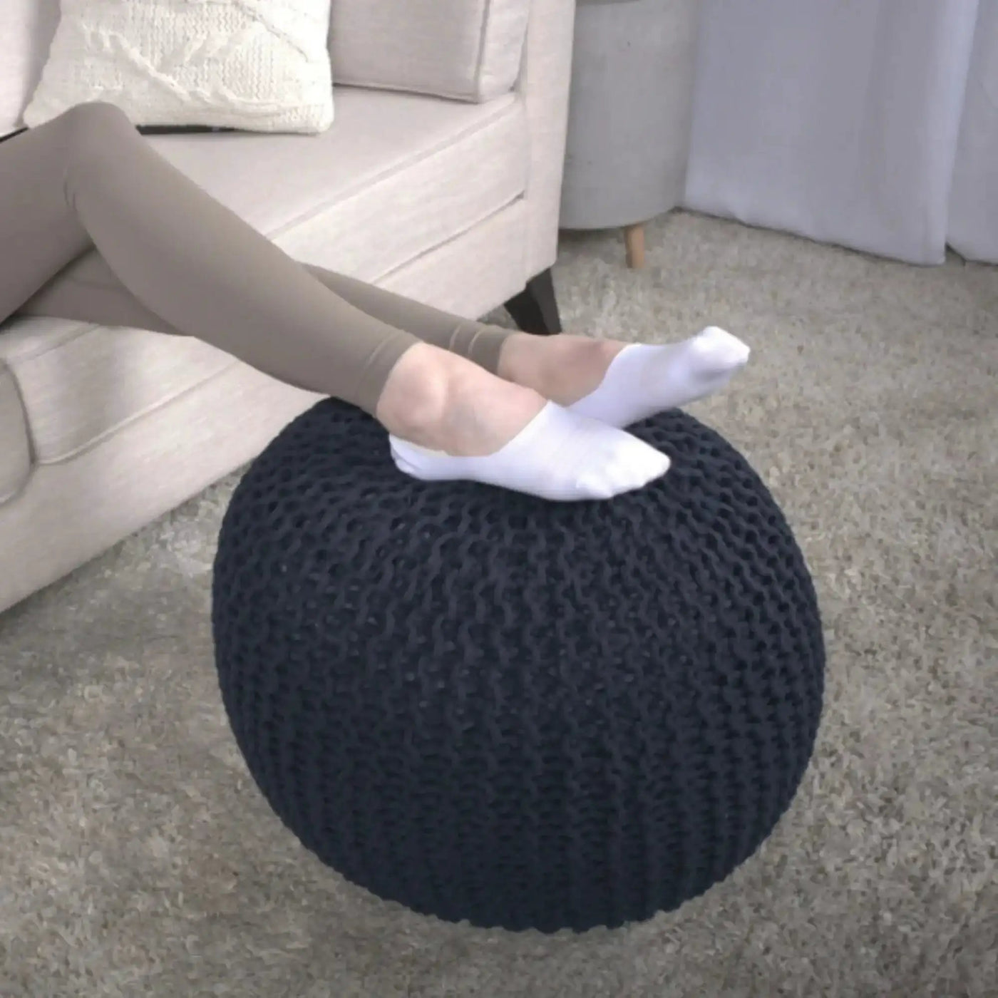 Bordeaux Knitted Cotton Round Pouf Ottoman Floor Cushion by HouseOfZazla