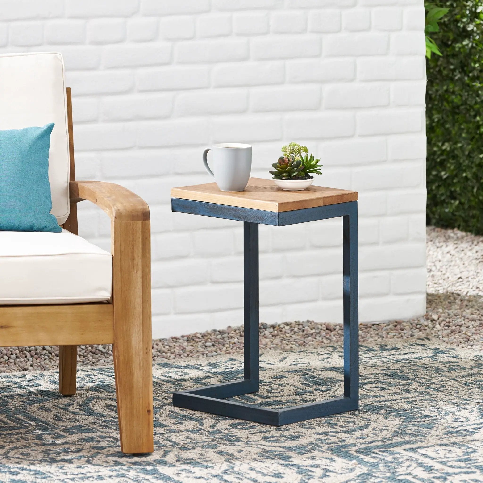 Small C Shaped End Table With Iron Base And Fir Wood Top - Black by HouseOfZazla