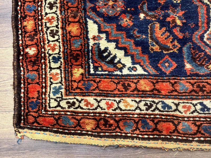Antique Persian Hamadan Rug 4x6, Geometric, Double Medallions, Navy Blue, Tribal Carpet by Jewel Rugs