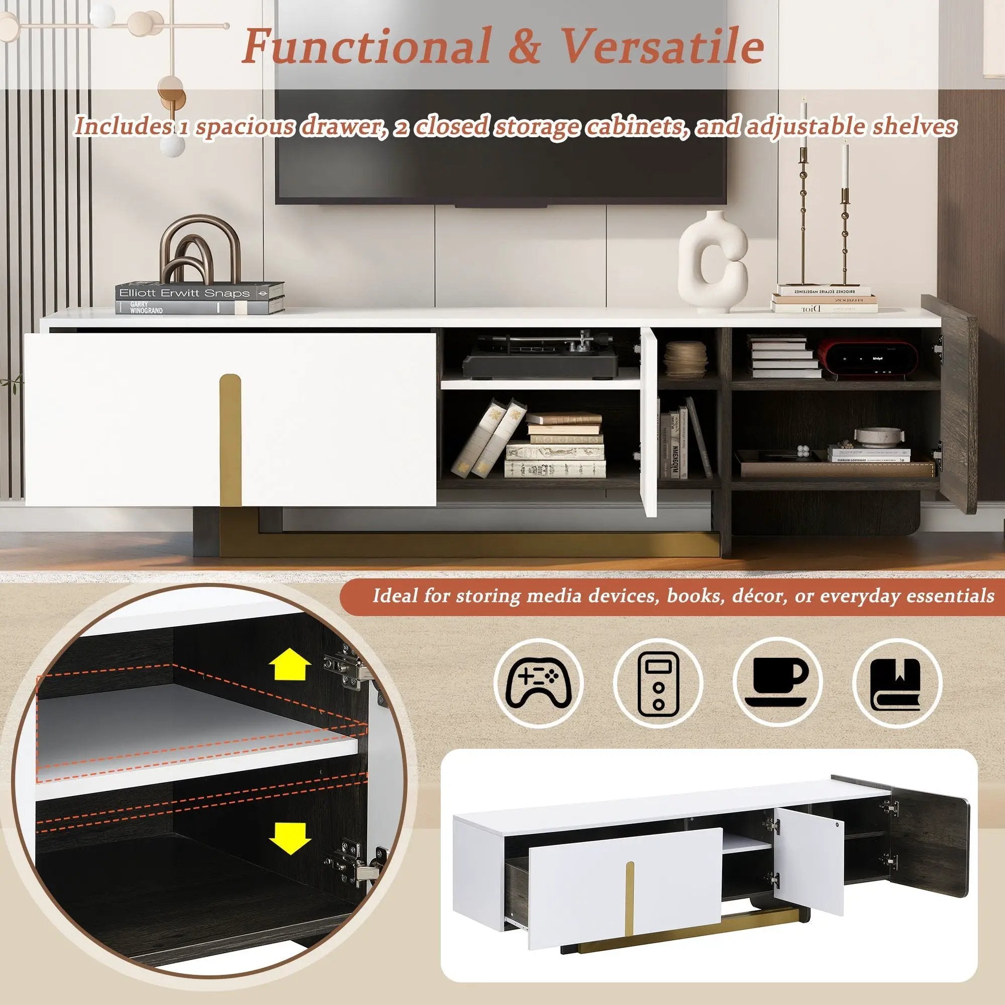 TV Stand With 1 Drawer, 2 Cabinets And Adjustable Shelves by HouseOfZazla