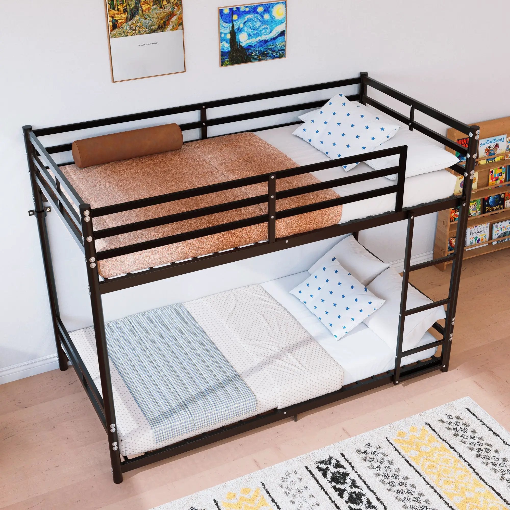 Bunk Bed with Ladder and High Guardrail Metal Bunk Bed, Storage Space, Noise Free, Twin Over Twin Size by HouseOfZazla