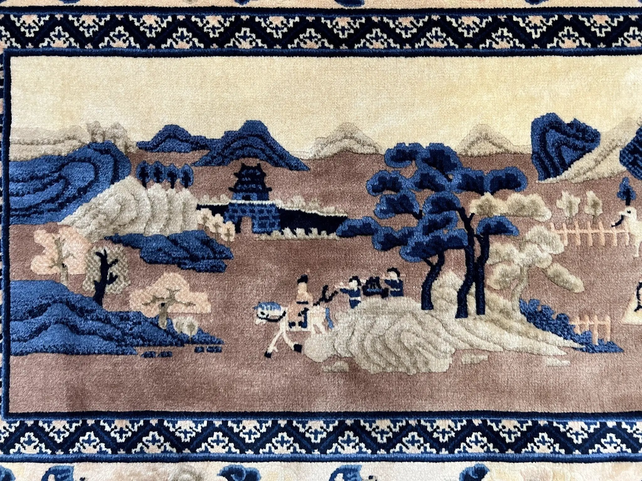 Antique Chinese Pictorial Rug 2.7 x 5, Chinese Village and Hills Carpet, Beige and Dark Blue, Handmade, Horizontal Rug Wall Hanging Tapestry by Jewel Rugs