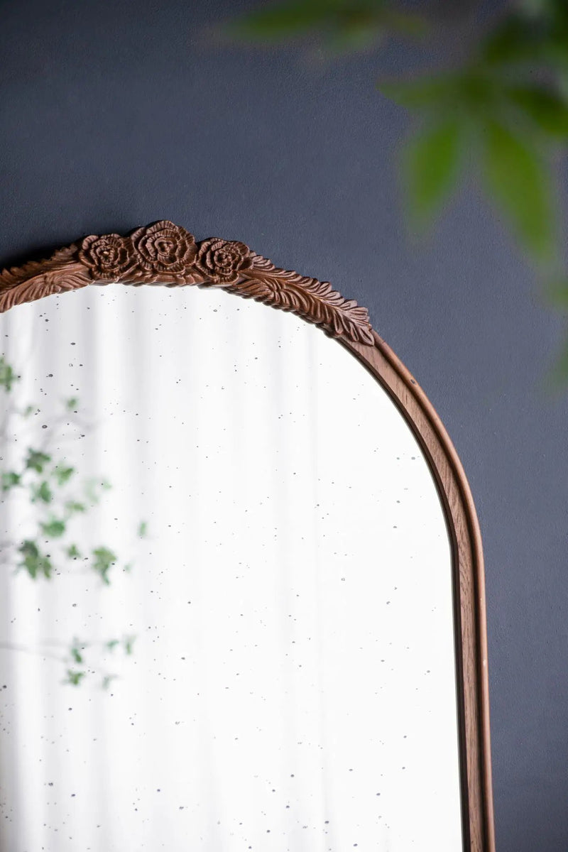 Hand Carved Rose Antique Mirror Frame, Large Arch Mirror Wall Decor For Living Room, Bathroom, Entryway - Brown by Unique Piece Furniture