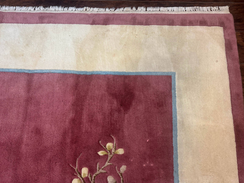 Indo Chinese Art Deco Rug 9x12, Pink and Ivory, Open Filed, Floral, Wool by Jewel Rugs