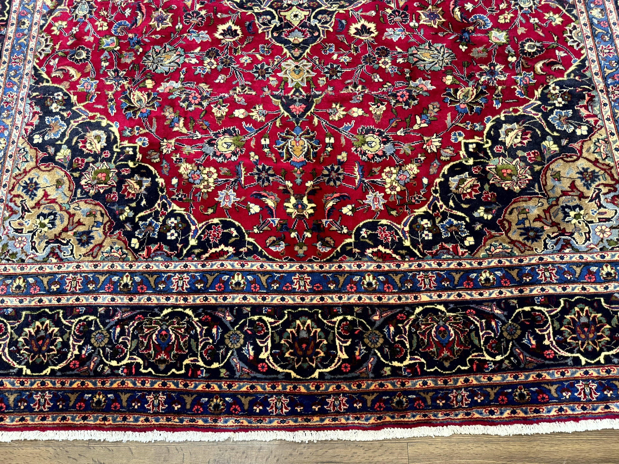 Traditional Persian Rug 8x11, Red Navy Blue, Floral Medallion, Antique Persian Mashad Carpet, Wool by Jewel Rugs