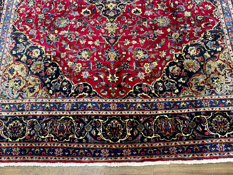 Traditional Persian Rug 8x11, Red Navy Blue, Floral Medallion, Antique Persian Mashad Carpet, Wool by Jewel Rugs