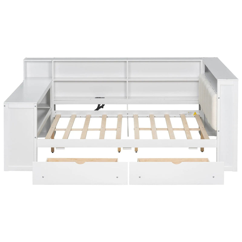 Platform Bed With Storage Shelves, Drawers, Charging Station, LED, Desk