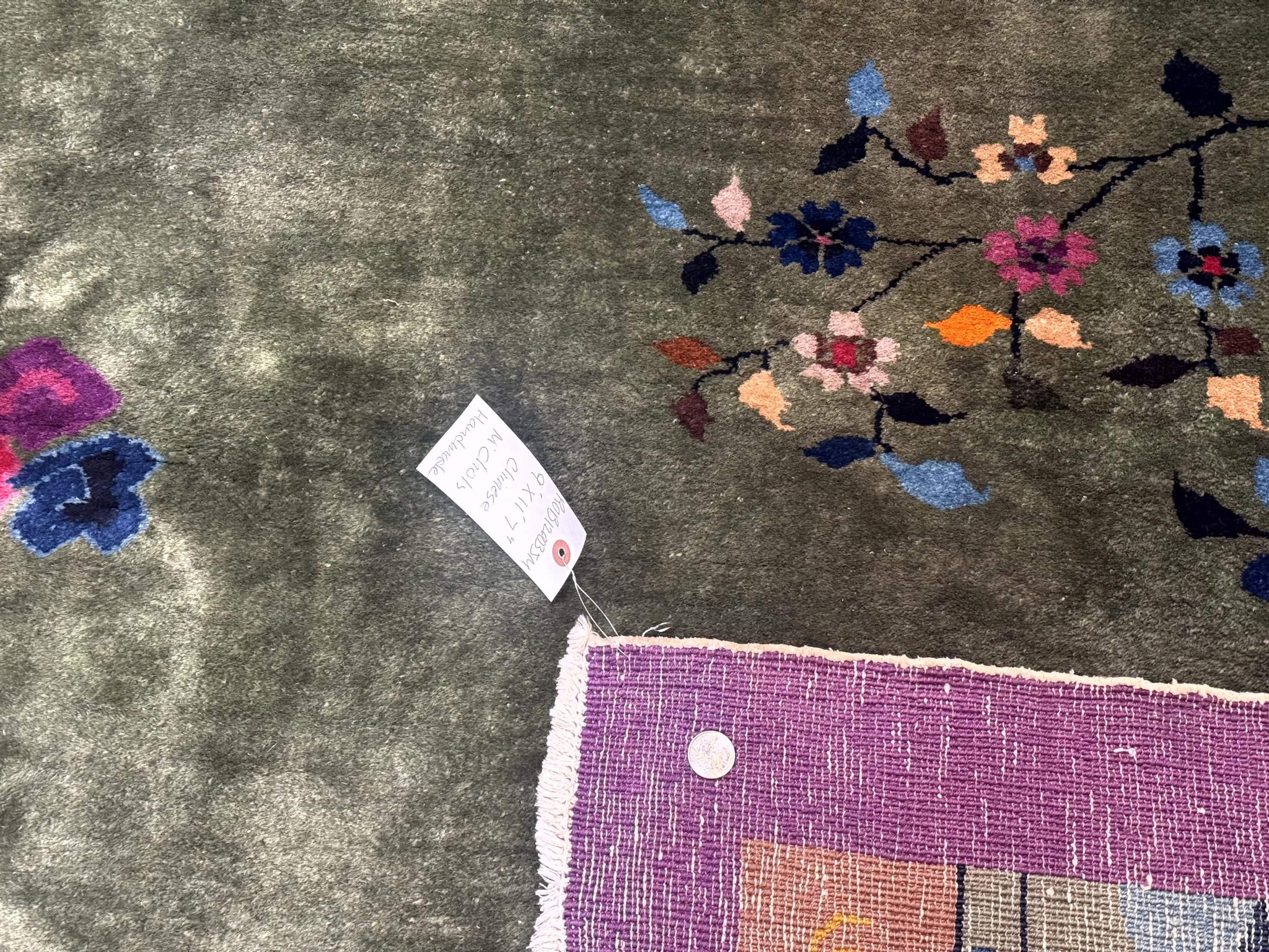 Antique Chinese Nichols Rug 9x12 - Rare Green and Purple Art Deco Carpet by Jewel Rugs