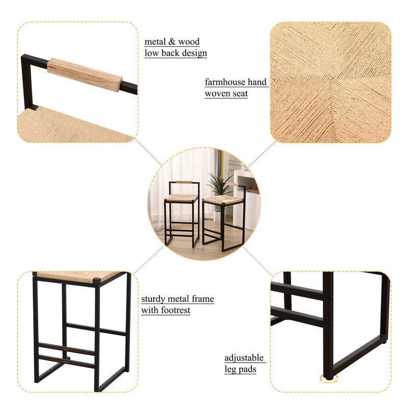 Stylish (Set of 2) Bar Stools With Backrest And Paper Rope Woven Seat, Counter Height Dining Chairs For Kitchen - Natural by HouseOfZazla