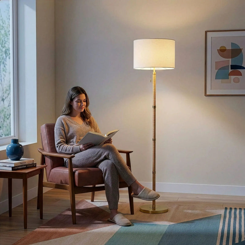 Stellar - Linen Shade Floor Lamp - Gold / Natural Wood / Rattan / White by Unique Piece Furniture