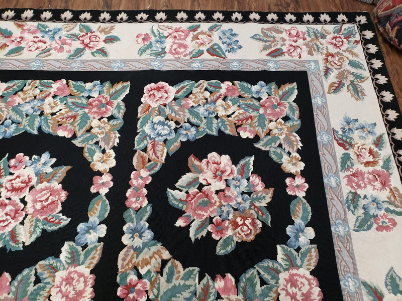 Floral Needlepoint Rug 9.5 x 13.6, Floral Panel Design, Black and Ivory Flatweave Aubusson Carpet, Multicolor by Jewel Rugs
