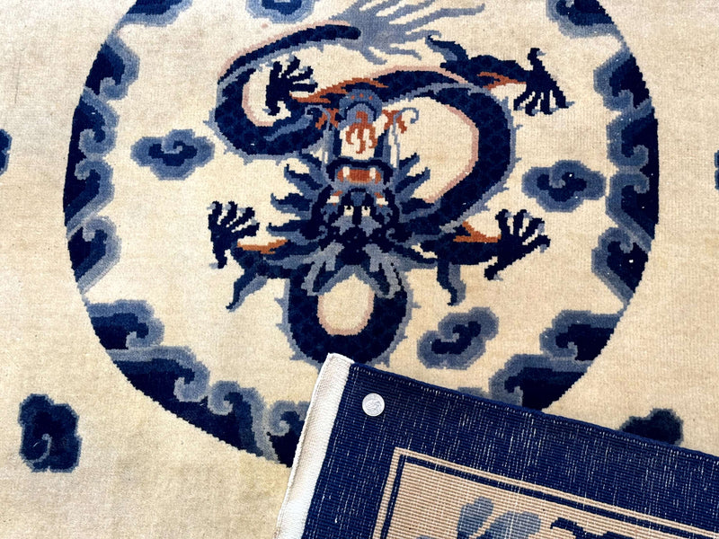 Chinese Dragon Peking Rug 8 x 11.6, Ivory and Blue, Chinese Wool Rug, Vintage by Jewel Rugs