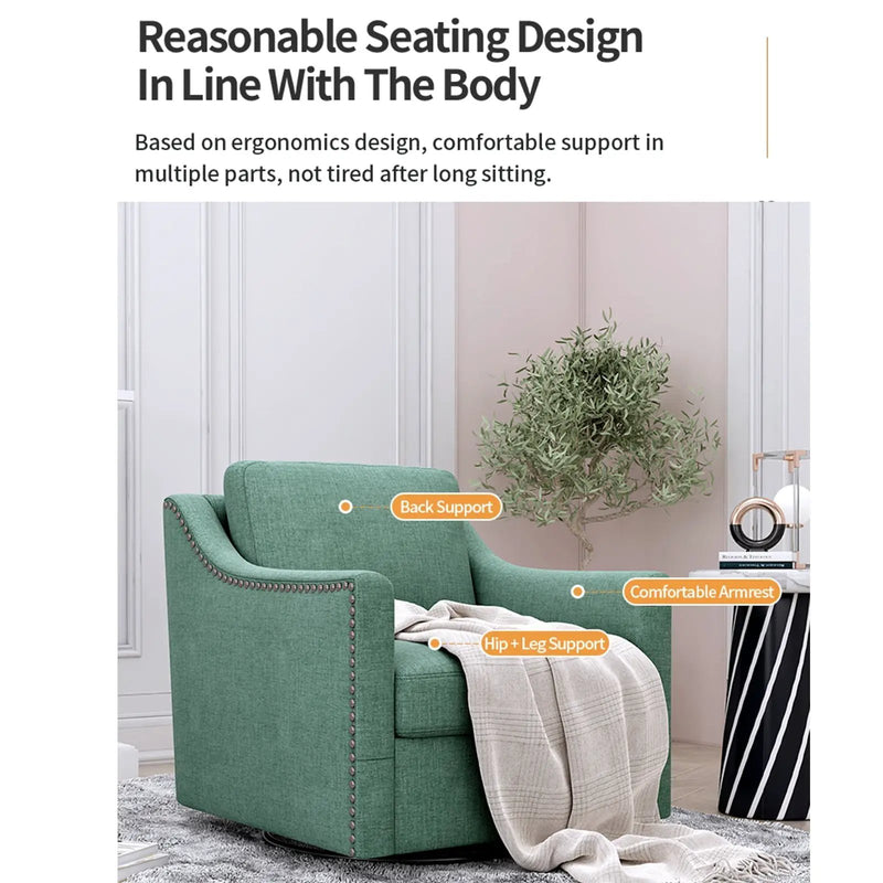 360 Degree Swivel Armchair Cotton Linen Fabric with Brass Nail Detailing by HouseOfZazla