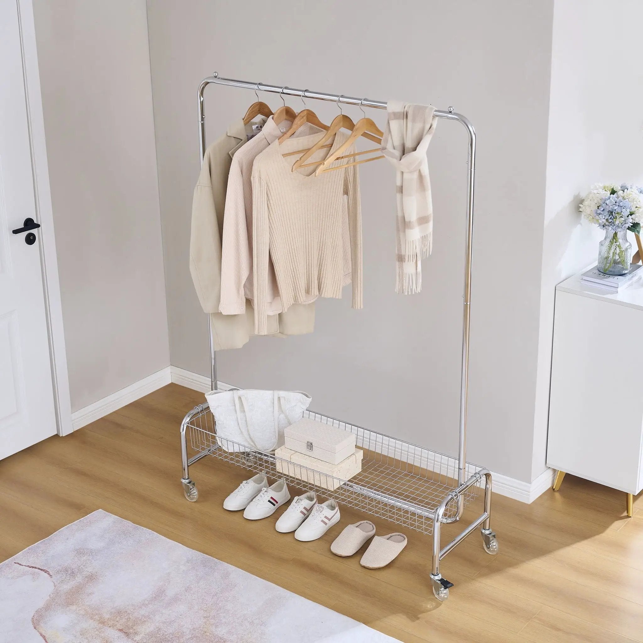 Heavy Duty Iron Garment Rack With Basket On Wheels - Silver by Unique Piece Furniture
