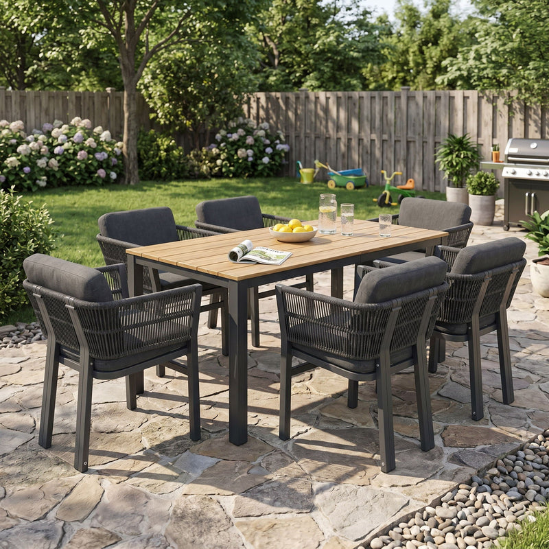 7 Piece Outdoor Dining Set With Table And 6 Chairs - Black / Teak / Gray by HouseOfZazla