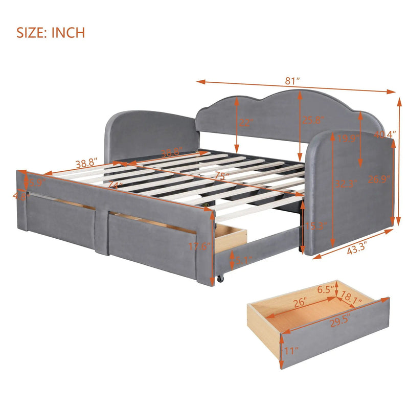 Upholstered Daybed With Cloud-Shaped Backrest, Trundle & 2 Drawers And USB Ports by HouseOfZazla